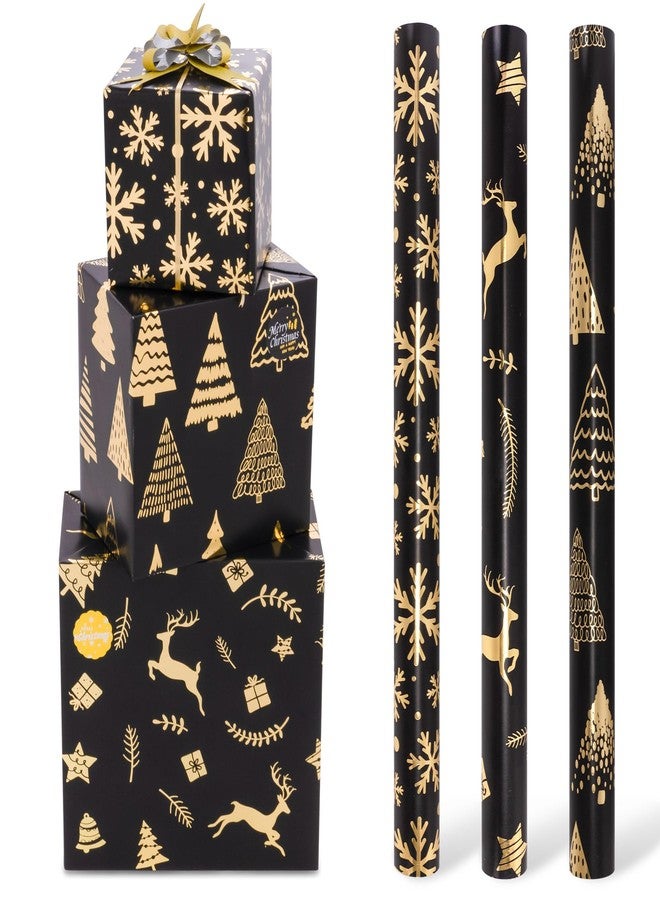 Toptime Christmas Wrapping Paper Roll, 17In x120In Black Gold Gift Wrapping Paper with Gift Bows Stickers, Metallic Foil Wrapping Paper w/Snowflake Christmas Tree Reindeer Design for Holiday New Year - Image 1